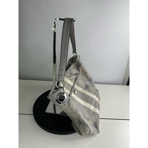 DAMAGED Coach Signature C Monogram Medium Tote Gray White Stripe Down Middle - Picture 3 of 15